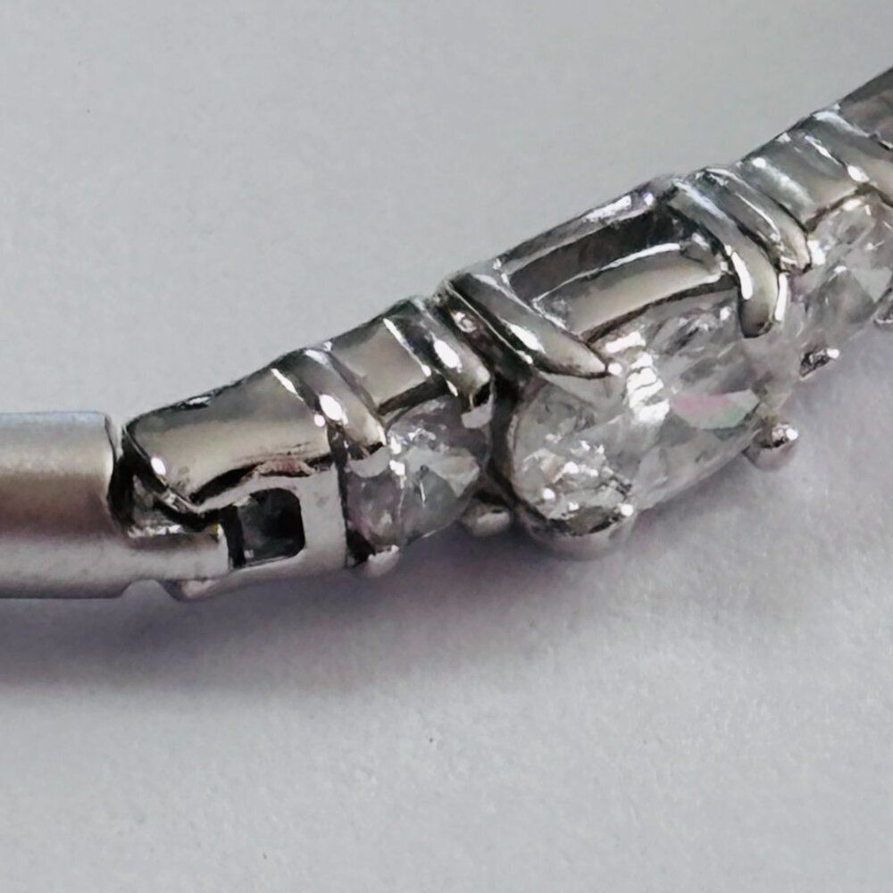 Silver Tone Oval & Round CZ Link Bracelet 7” Box Clasp Sparkle - Picture 8 of 13